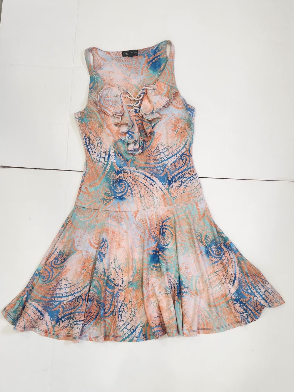 Ralph Lauren Peach, Teal & Navy Swirl Ruffle Lace-Up Mini Dress